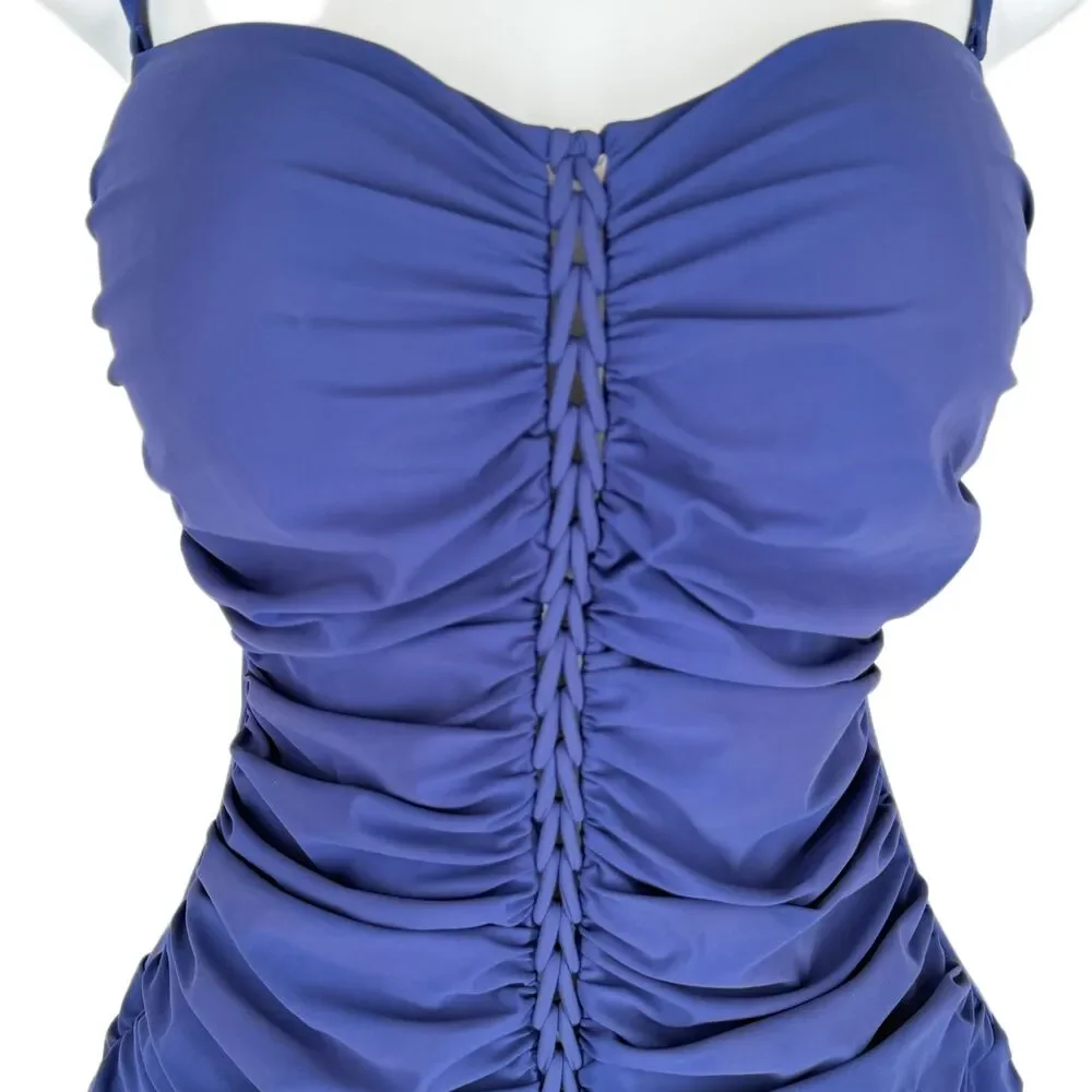 Profile by Gottex Swimsuit 12 One Piece w Skirt Blue Swim Dress Ruched Braided - Picture 2 of 10